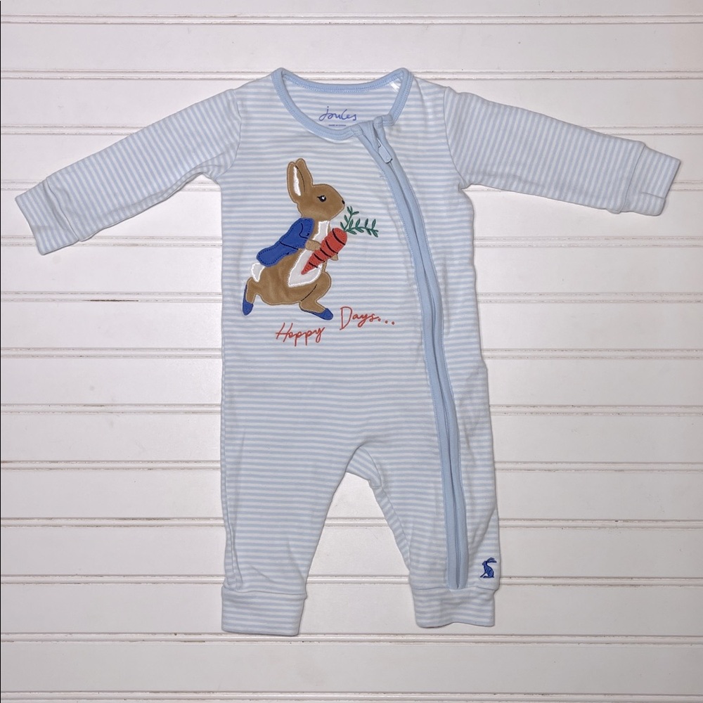 JOULES 100% Cotton Peter Rabbit Embroidered Appliqué Hoppy Days Zip Up Pajamas
